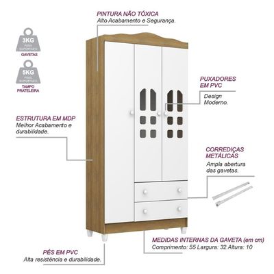 Guarda-Roupa Infantil Carolina Baby Eloa com 3 Portas, 2 Gavetas e 4 Prateleiras 94cm de Largura Branco e Bétula