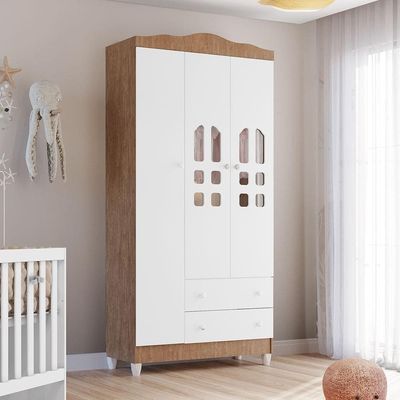 Guarda-Roupa Infantil Carolina Baby Eloa com 3 Portas, 2 Gavetas e 4 Prateleiras 94cm de Largura Branco e Bétula