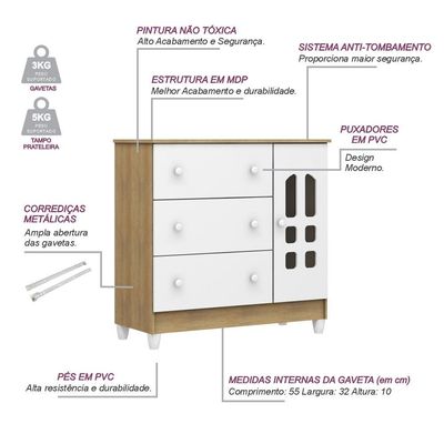 Cômoda Infantil Carolina Baby Eloa com 3 Gavetas, 1 Porta e 1 Prateleira 95cm de Largura Branco e Bétula