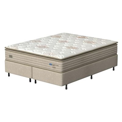 Cama Box Queen Size Probel Guarda Costas Vitality Revestida em Tecido Suede + Colchão com Pillow Super e Molas Ensacadas 30x158x188cm branco e Marfim