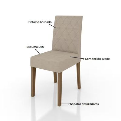 Mesa de Jantar Kate 4 Cadeiras Estofadas e Revestidas Tecido Suede Poliman Móveis Carvalho/Branco/Off White