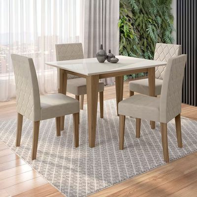 Mesa de Jantar Kate 4 Cadeiras Estofadas e Revestidas Tecido Suede Poliman Móveis Carvalho/Branco/Off White
