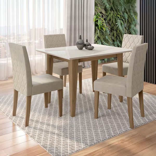 Mesa de Jantar Kate 4 Cadeiras Estofadas e Revestidas Tecido Suede Poliman Móveis Carvalho/Branco/Off White