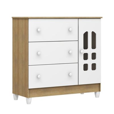 Cômoda Infantil Carolina Baby Eloa com 3 Gavetas, 1 Porta e 1 Prateleira 95cm de Largura Branco e Bétula