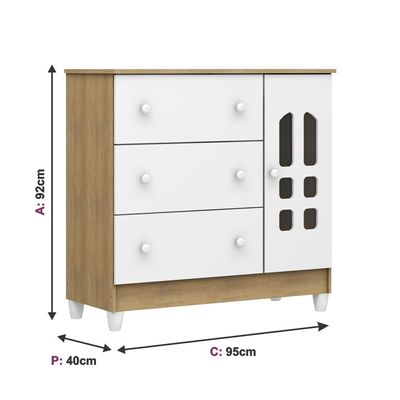 Cômoda Infantil Carolina Baby Eloa com 3 Gavetas, 1 Porta e 1 Prateleira 95cm de Largura Branco e Bétula