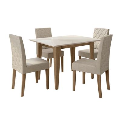 Mesa de Jantar Retangular Poliman Kate com Tampo de Vidro e 4 Cadeiras Revestidas em Suede Carvalho/Branco/Off White