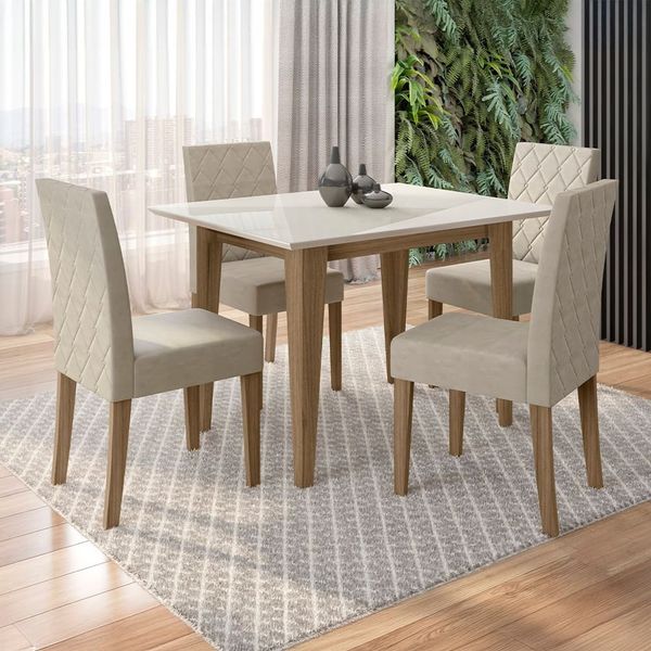 Mesa de Jantar Retangular Poliman Kate com Tampo de Vidro e 4 Cadeiras Revestidas em Suede Carvalho/Branco/Off White