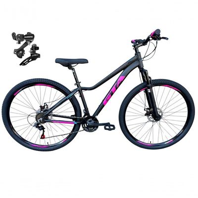Bicicleta Aro 29 Gta Start Feminina Alumínio 21v Câmbios Shimano Freio A Disco - Preto/rosa Tam.15
