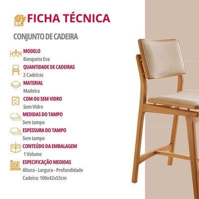 Conjunto Com 2 Banquetas Eva Moderna Linho Off Imbuia Natural