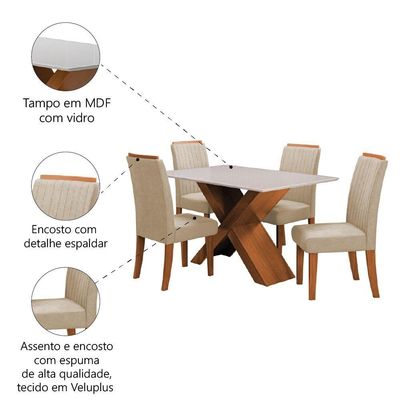 Conjunto Mesa De Jantar 4 Cadeiras Grécia Tampo De Vidro 1,36m - Dobuê- Madeirado / Bege