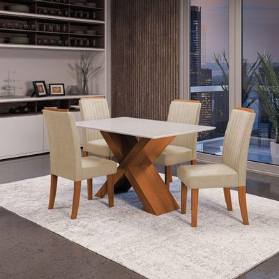 Conjunto Mesa De Jantar 4 Cadeiras Grécia Tampo De Vidro 1,36m - Dobuê- Madeirado / Bege