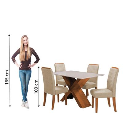 Conjunto Mesa De Jantar 4 Cadeiras Grécia Tampo De Vidro 1,36m - Dobuê- Madeirado / Bege