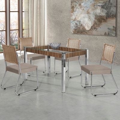 Mesa de Jantar Aço Nobre Cláudia com Tampo Kanon e 4 Cadeiras Bege e Nogal