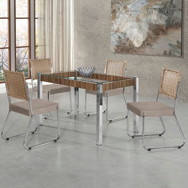 Mesa de Jantar Aço Nobre Cláudia com Tampo Kanon e 4 Cadeiras Bege e Nogal