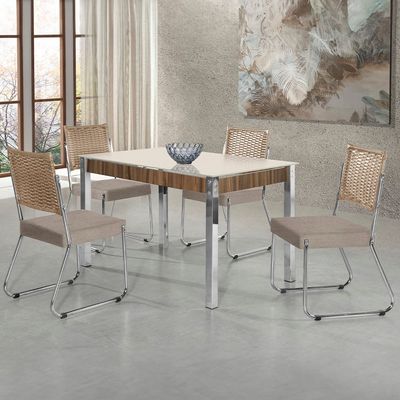 Mesa de Jantar Aço Nobre Cláudia com Tampo Kanon e 4 Cadeiras Bege/Nogal/Off White
