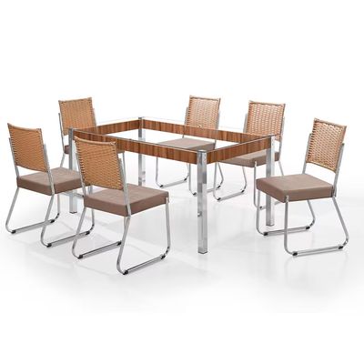 Mesa de Jantar Claudia com Tampo Kanon 6 Cadeiras Aço Nobre Bege e Nogal