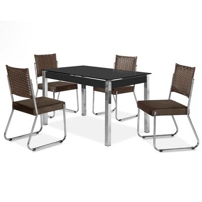Mesa de Jantar Aço Nobre Cláudia com Tampo Kanon e 4 Cadeiras Chocolate/Preto/Marrom