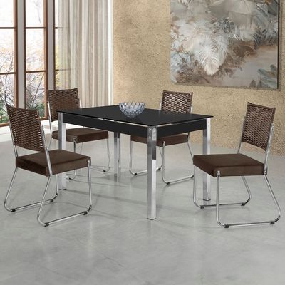 Mesa de Jantar Aço Nobre Cláudia com Tampo Kanon e 4 Cadeiras Chocolate/Preto/Marrom