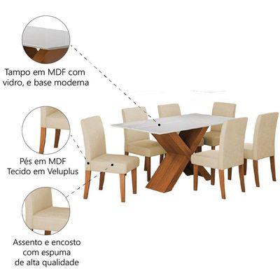 Conjunto De Mesa Sala De Jantar Tampo Com Vidro 1,60m Grécia 6 Cadeiras Trieste Dobuê Madeirado Bege