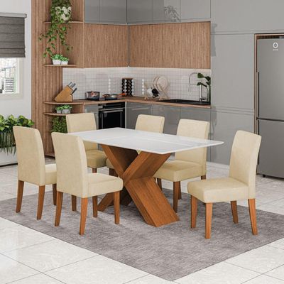 Conjunto De Mesa Sala De Jantar Tampo Com Vidro 1,60m Grécia 6 Cadeiras Trieste Dobuê Madeirado Bege