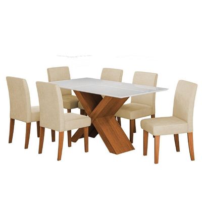 Conjunto De Mesa Sala De Jantar Tampo Com Vidro 1,60m Grécia 6 Cadeiras Trieste Dobuê Madeirado Bege
