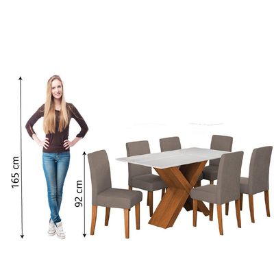 Conjunto De Mesa Sala De Jantar Tampo Com Vidro 1,60m Grécia 6 Cadeiras Trieste Dobuê Bege