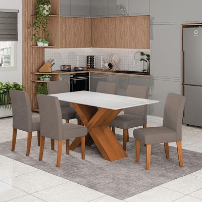 Conjunto De Mesa Sala De Jantar Tampo Com Vidro 1,60m Grécia 6 Cadeiras Trieste Dobuê Bege