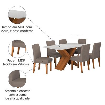 Conjunto De Mesa Sala De Jantar Tampo Com Vidro 1,60m Grécia 6 Cadeiras Trieste Dobuê Bege