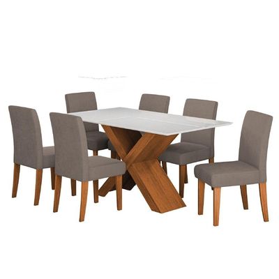 Conjunto De Mesa Sala De Jantar Tampo Com Vidro 1,60m Grécia 6 Cadeiras Trieste Dobuê Bege