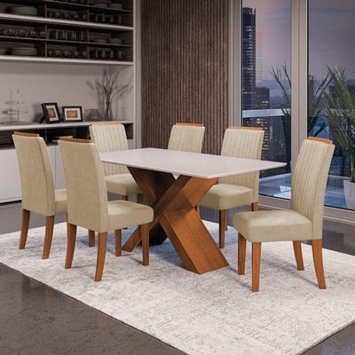 Conjunto De Mesa Sala De Jantar Tampo Com Vidro 1,60m 6 Cadeiras Grécia Dobuê Madeirado / Bege