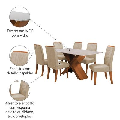 Conjunto De Mesa Sala De Jantar Tampo Com Vidro 1,60m 6 Cadeiras Grécia Dobuê Madeirado / Bege