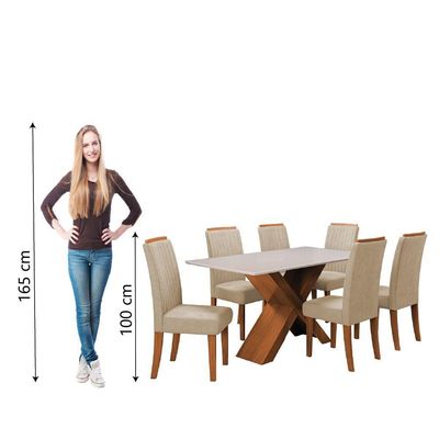Conjunto De Mesa Sala De Jantar Tampo Com Vidro 1,60m 6 Cadeiras Grécia Dobuê Madeirado / Bege