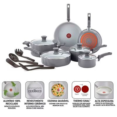 Conjunto de Panelas Recycled Ceramic 10 Peças Antiaderente Tampa Vidro T-fal Cinza