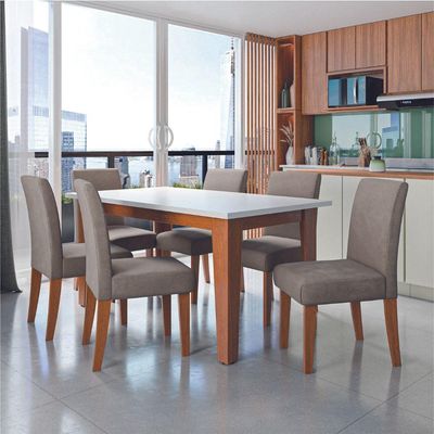 Conjunto de Sala de Jantar Mesa Miami 1,60m com 6 Cadeiras Trieste Dobuê - Madeirado/Mascavo