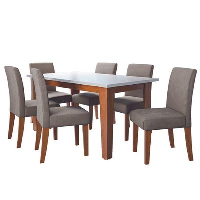 Conjunto de Sala de Jantar Mesa Miami 1,60m com 6 Cadeiras Trieste Dobuê - Madeirado/Mascavo