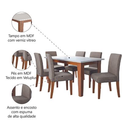 Conjunto de Sala de Jantar Mesa Miami 1,60m com 6 Cadeiras Trieste Dobuê - Madeirado/Mascavo