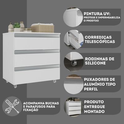 Gabinete Banheiro Rodinhas Joia 60cm 03 Gavetas Branco Inteiro