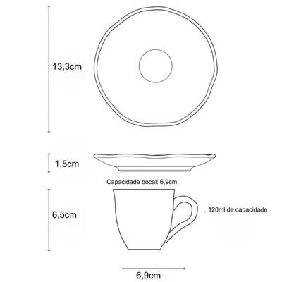 Jogo 6 Xícaras Café 120ml Com Pires Preto Matte Cerâmica Orgânico Porto Brasil