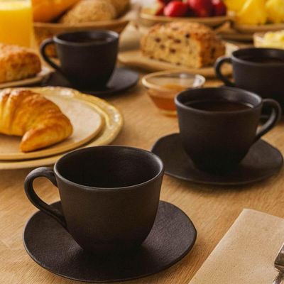 Jogo 6 Xícaras Café 120ml Com Pires Preto Matte Cerâmica Orgânico Porto Brasil