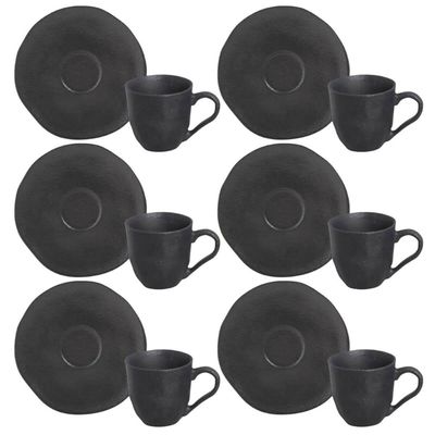 Jogo 6 Xícaras Café 120ml Com Pires Preto Matte Cerâmica Orgânico Porto Brasil