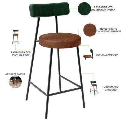 Kit 05 Banquetas Baixa Cozinha Sala Jantar Bancada Milão L02 Facto Verde Marrom  - Lyam Decor
