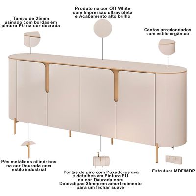 Aparador Buffet Para Sala de Jantar 4 Portas Orgânico Lia D05 Off White - Lyam Decor