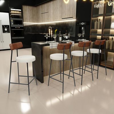 Kit 04 Banquetas Baixa Cozinha Sala Jantar Milão L02 Couríssimo Marrom Linho Champagne - Lyam Decor