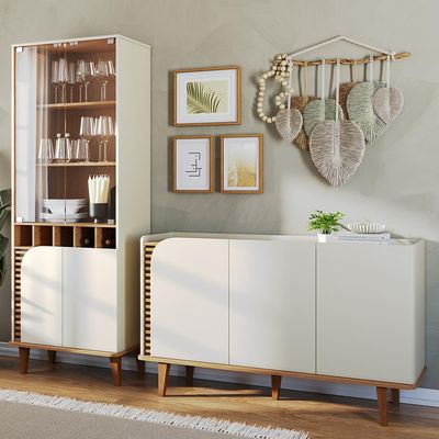 Kit Aparador Buffet Bar Living com Cristaleira Adega Julia C04 Off White Matte Freijó - Lyam Decor