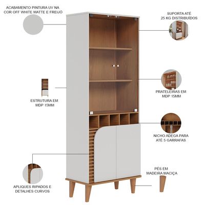 Kit Aparador Buffet Bar Living com Cristaleira Adega Julia C04 Off White Matte Freijó - Lyam Decor