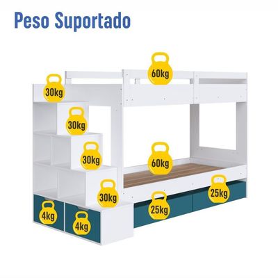 Cama Beliche Infantil Bicama 2,32m Escada Nichos Gavetas Branco com Azul
