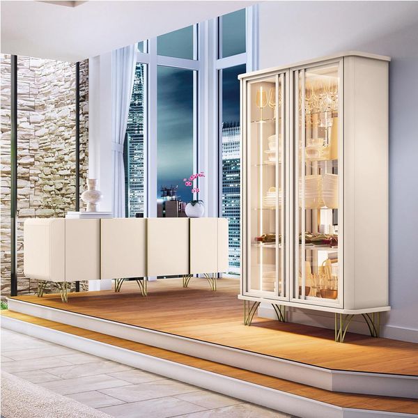 Conjunto Cristaleira Buffet com LED Portas de Vidro Pés Aço Maciço Cor Dourado Texas/Virginia Off White G26 - Gran belo