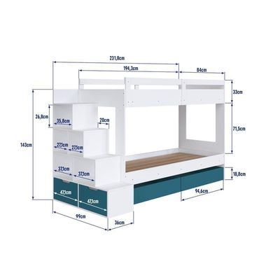 Cama Beliche Infantil Bicama 2,32m Escada Nichos Gavetas Branco com Azul