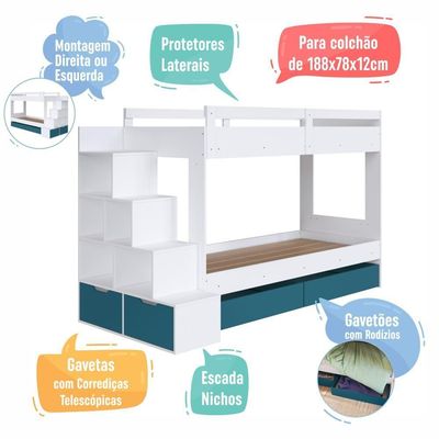 Cama Beliche Infantil Bicama 2,32m Escada Nichos Gavetas Branco com Azul