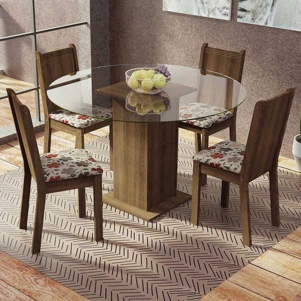 Conj. Paula Mesa Tampo De Vidro 4 Cadeiras Rustic/hibiscos Conj. Paula Mesa Tampo De Vidro 4 Cadeiras Rustic/hibiscos